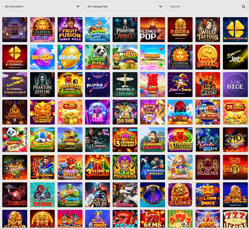 MiCasino game catalogue view